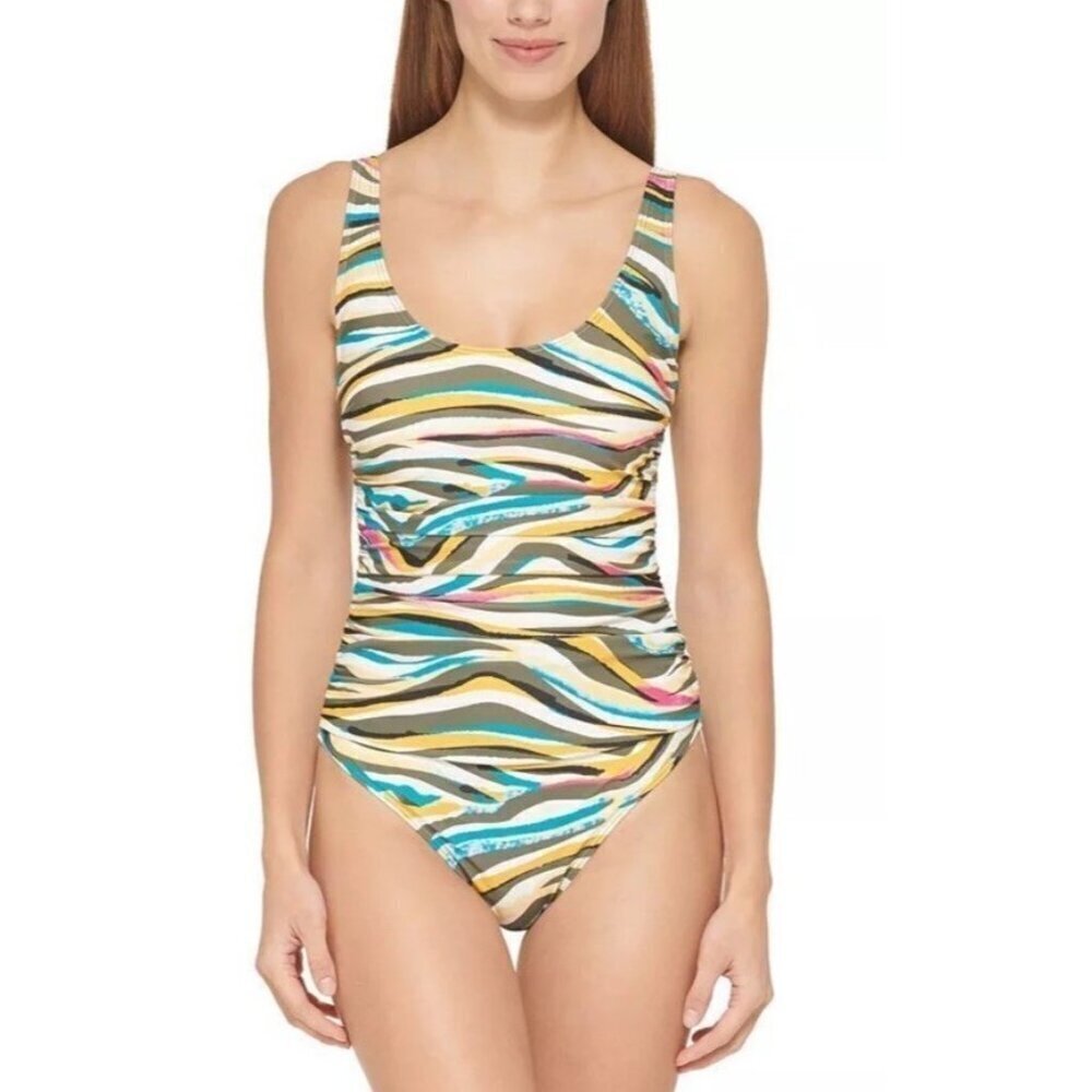 DKNY One Piece Swimsuit Removable Soft Cups 4-Way Stretch 50+UPF/SPF Multi Sz 12